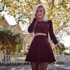 Two Piece Set Long Sleeve Velvet Dress, Matching Set, Twin Set, Burgundy Velvet